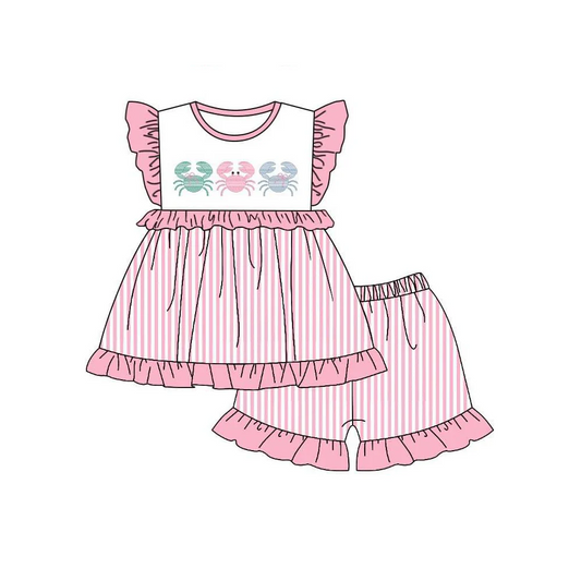 custom S crab pink flutter sleeve pink striped shorts girls set