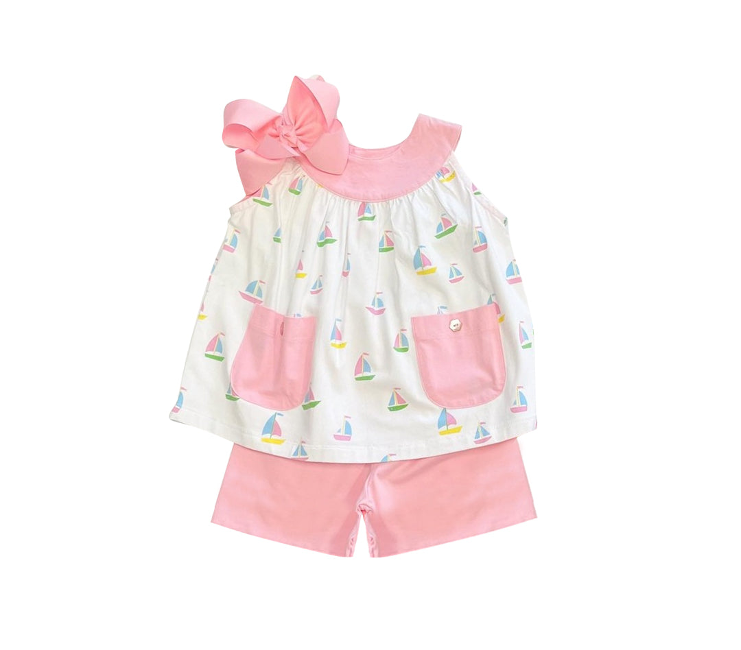 custom moq 3 colorful sailboat pockets top pink shorts girls set