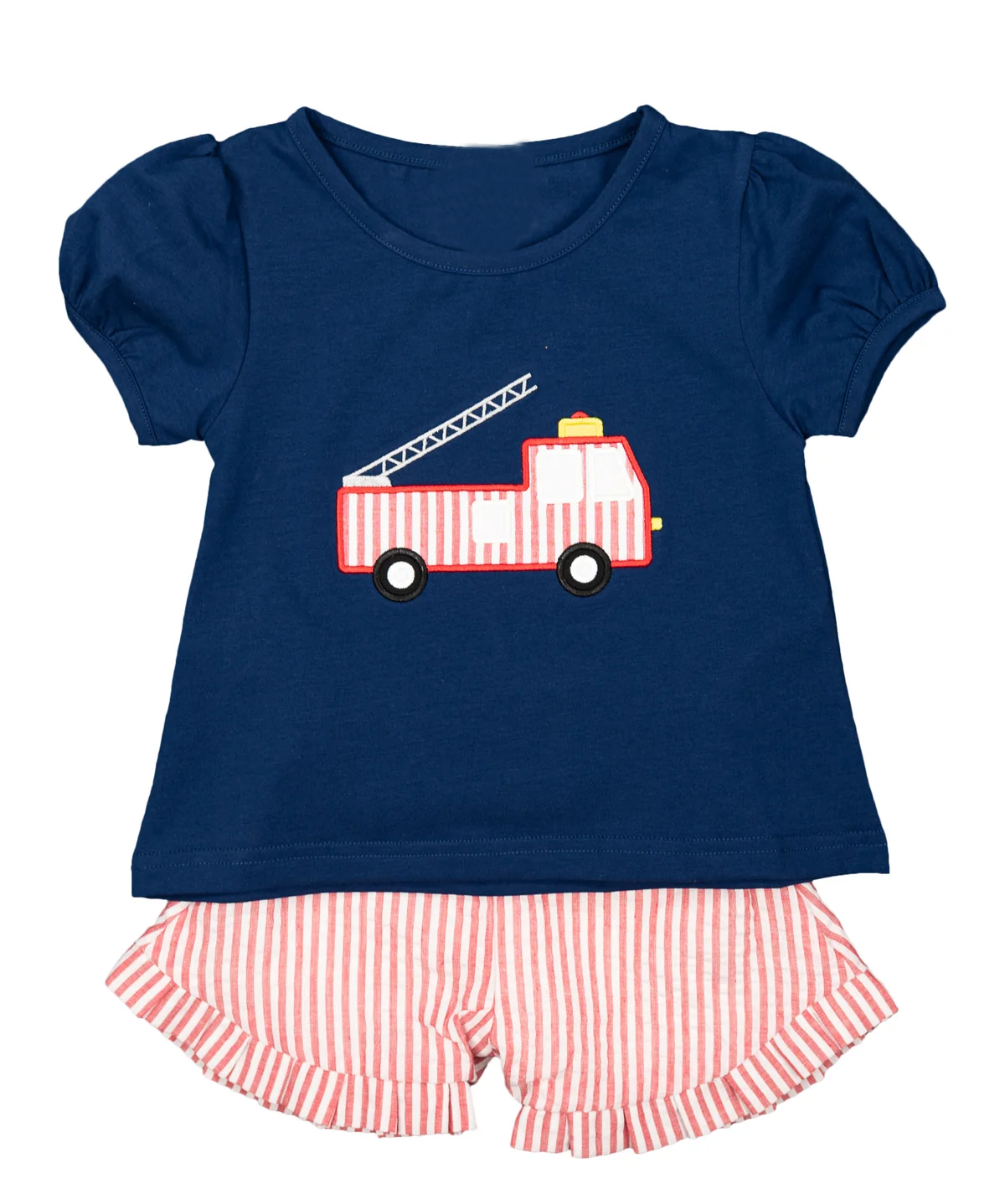 preorder GSSO1261 firetruck navy blue short sleeve pink striped shorts girls set