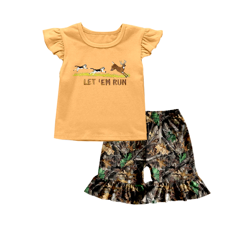 preorder GSSO1263 Let'em run deer dog orange flutter sleeve camo branch shorts girls set