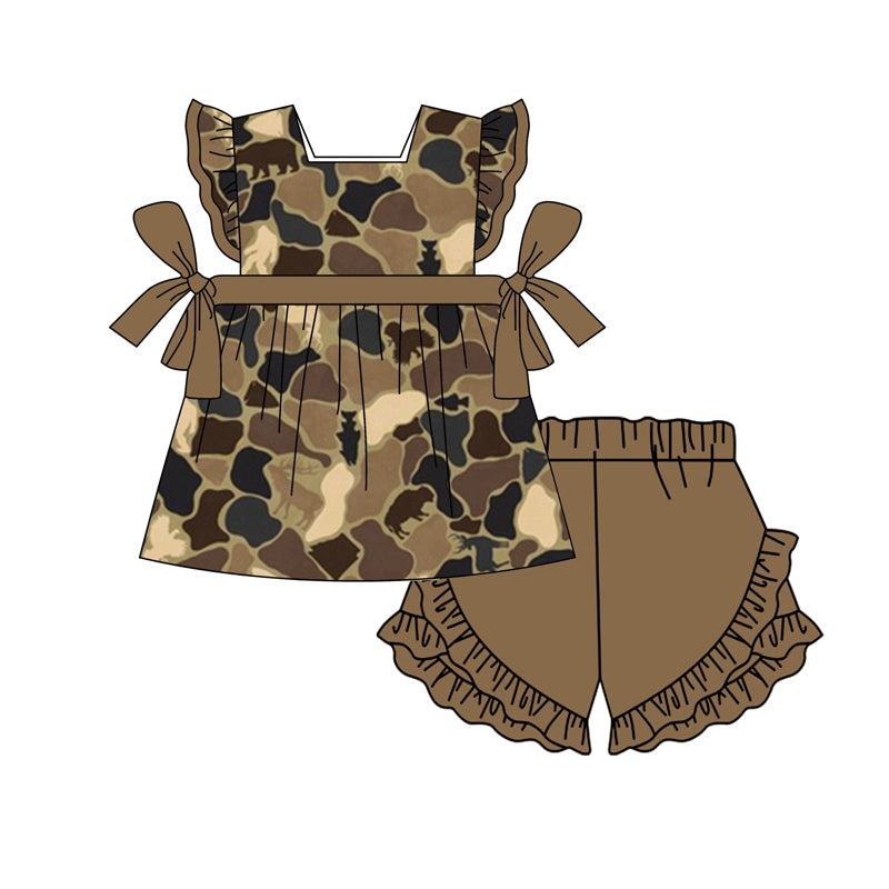 preorder GSSO1264 brown camo bows flutter sleeve brown shorts girls set