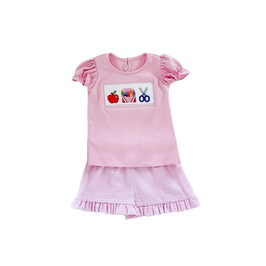preorder GSSO1267 back to school apple pen pink short sleeve pink checkered shorts girls set