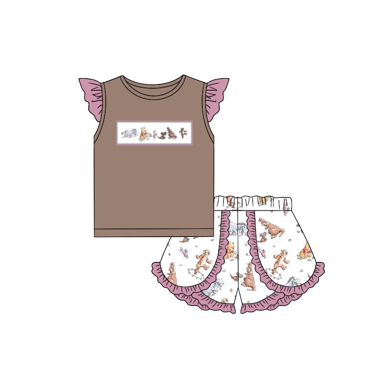 Custom Moq 3 cartoon bear animals pink flutter sleeve shorts girls brown set