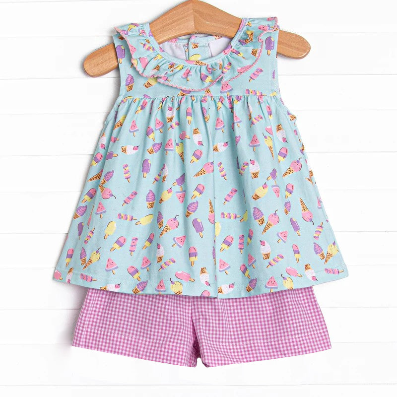 preorder GSSO1287 colorful ice blue sleeveless hot pink checkered shorts girls set