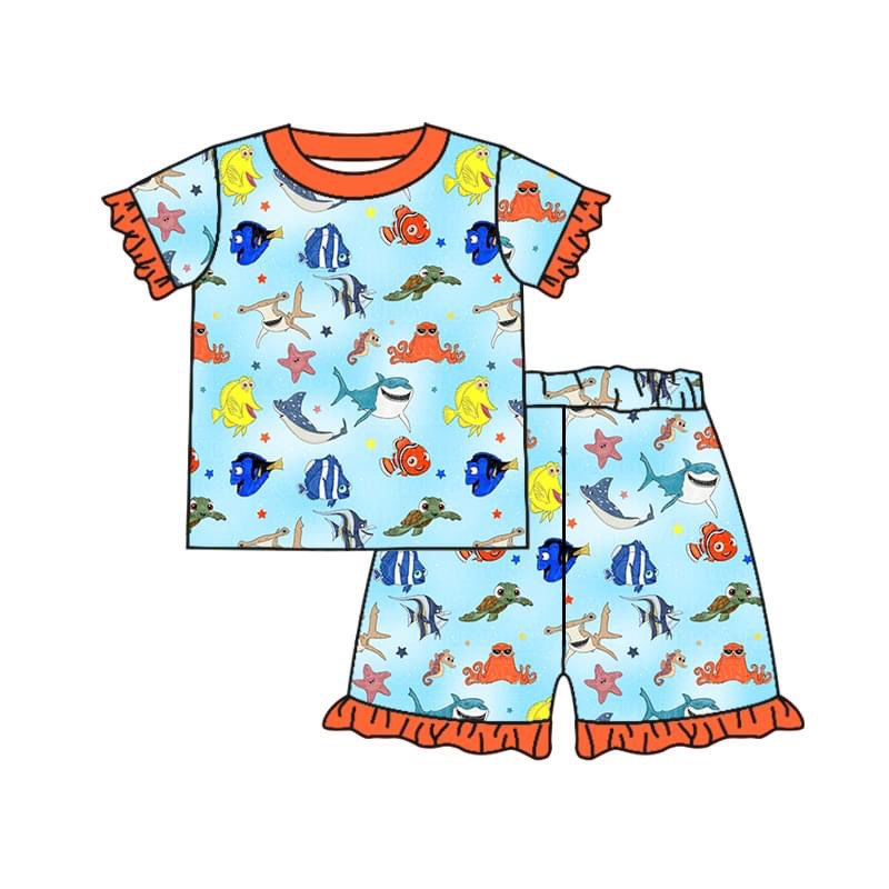 preorder GSSO1288 cartoon cute fish blue short sleeve shorts girls pajamas