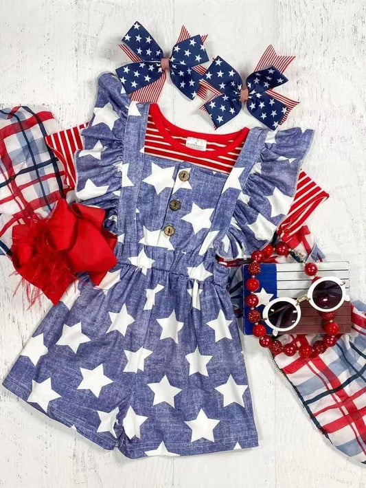 preorder GSSO1289 July 4th red striped short sleeve star blue flutter sleeve jumpsuits girls set