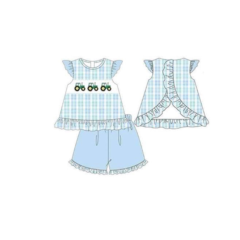 preorder GSSO1291 farm tractor blue checkered flutter sleeve blue shorts girls set
