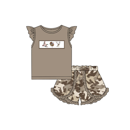 preorder GSSO1295 hunting mallard duck grey flutter sleeve camo shorts girls set