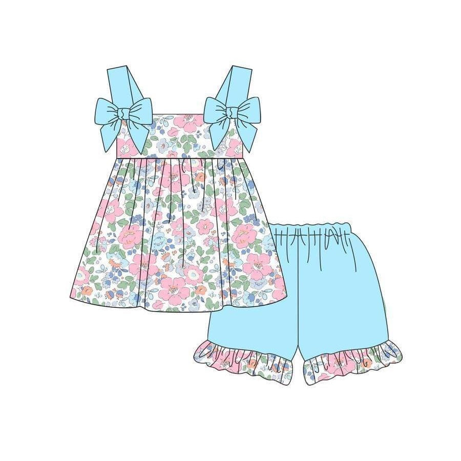 preorder GSSO1300 colorful flowers sky blue bows top sky blue ruffles shorts girls floral set
