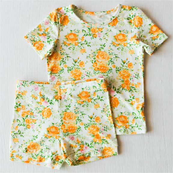 preorder GSSO1303 yellow flowers short sleeve shorts girls pajamas