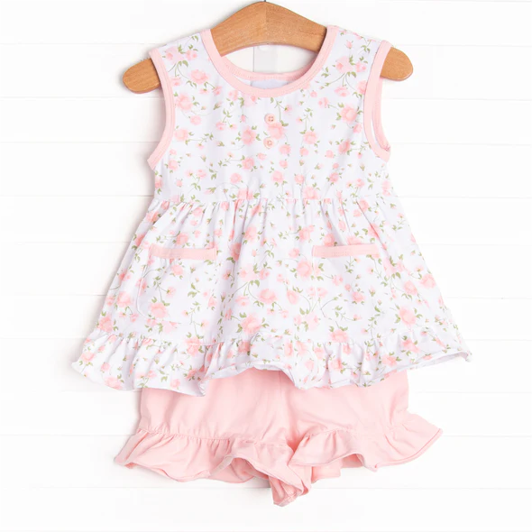 preorder GSSO1305 pink flowers pocket sleeveless pink shorts girls set