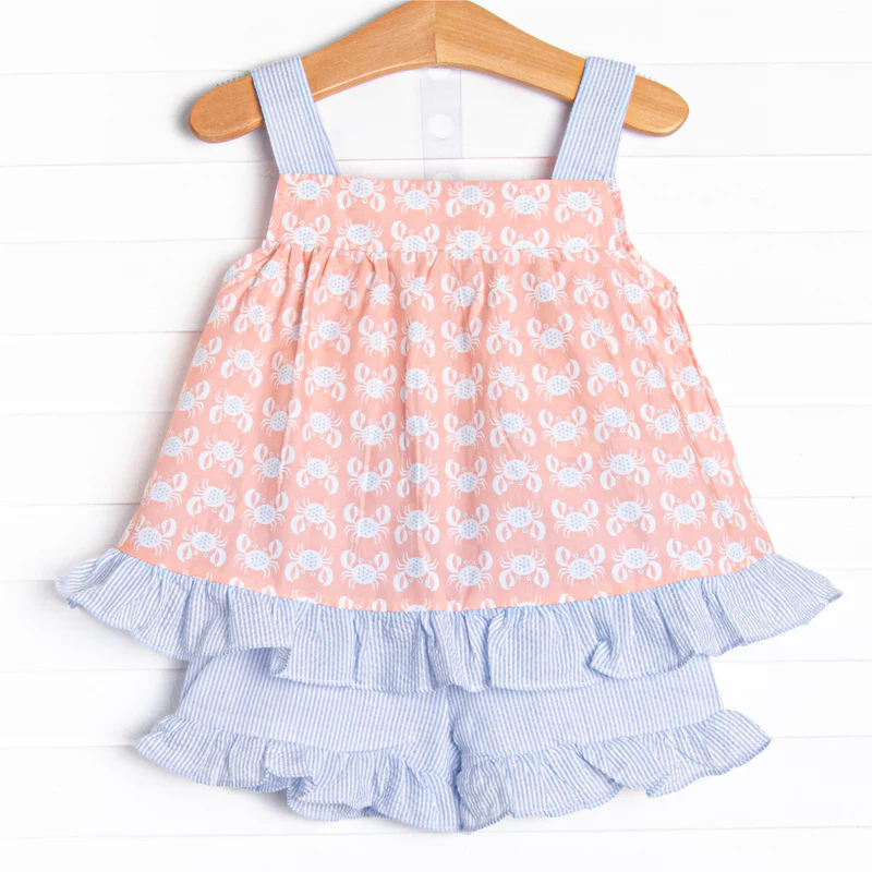 preorder GSSO1306 pink crab sleeveless blue checkered shorts girls set