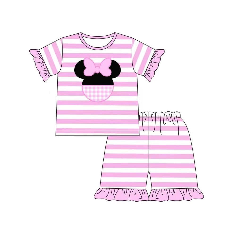 preorder GSSO1307 cartoon M mouse hot pink striped shorts girls set