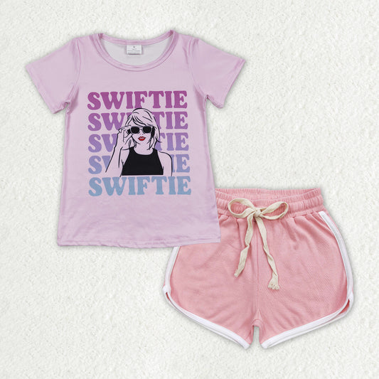 GSSO1311 country singer Swiftie purple short sleeve pink shorts girls set