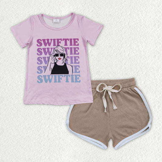 GSSO1312 country singer Swiftie purple short sleeve brown shorts girls set