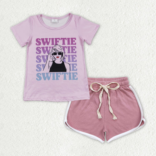 GSSO1313 country singer Swiftie purple short sleeve dark pink shorts girls set