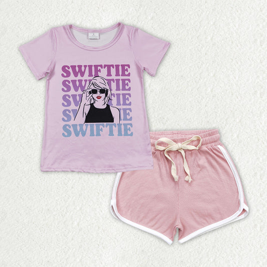 GSSO1314 country singer Swiftie purple short sleeve light pink shorts girls set