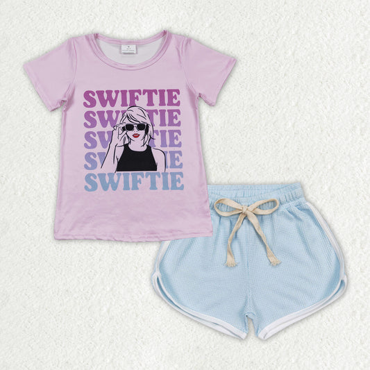 GSSO1315 country singer Swiftie purple short sleeve blue shorts girls set