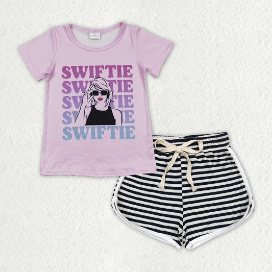 GSSO1315 country singer Swiftie purple short sleeve black striped shorts girls set