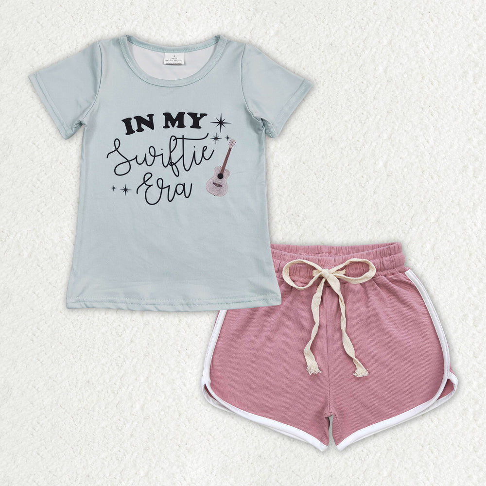 GSSO1322 in my Swiftie era blue guitar short sleeve dark pink shorts girls set