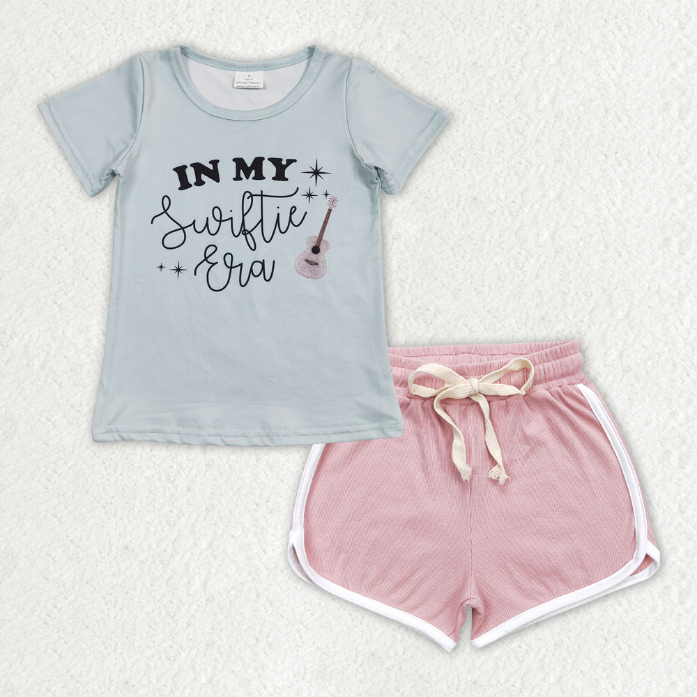 GSSO1323 in my Swiftie era blue guitar short sleeve light pink shorts girls set
