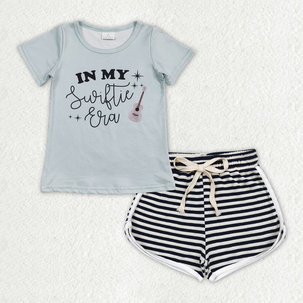 GSSO1324 in my Swiftie era blue guitar short sleeve black striped shorts girls set