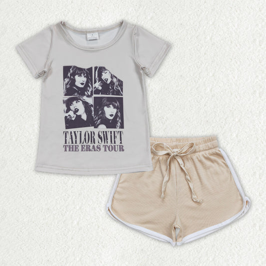 GSSO1332 country Taylor the eras tour short sleeve light khaki shorts girls set