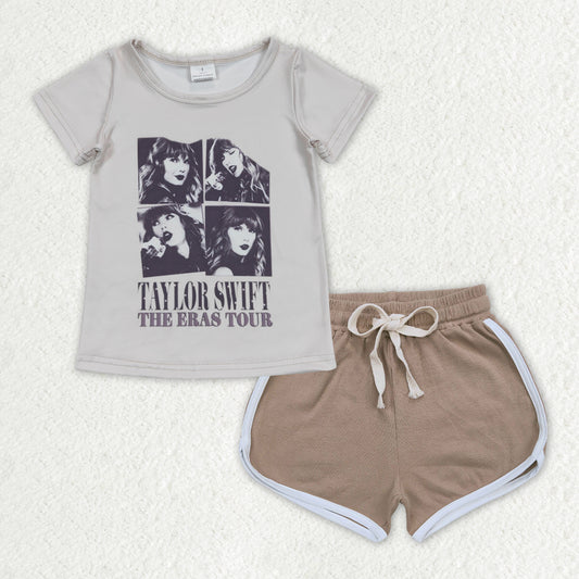 GSSO1333 country Taylor the eras tour short sleeve brown shorts girls set