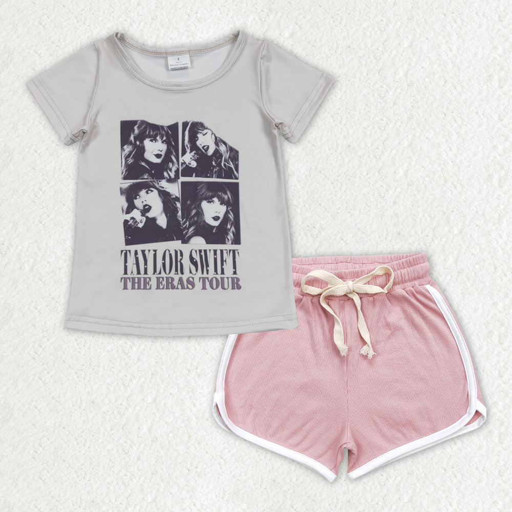 GSSO1335 country Taylor the eras tour short sleeve dark light pink shorts girls set