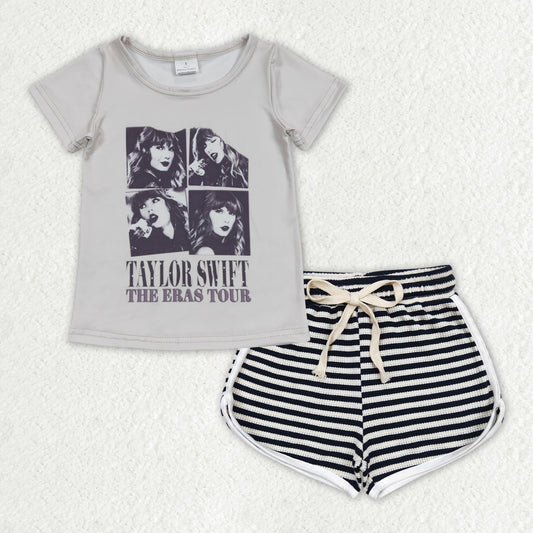 GSSO1336 country Taylor the eras tour short sleeve black striped shorts girls set