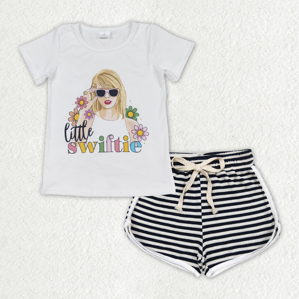 GSSO1337 country Taylor Swiftie flowers short sleeve black striped shorts girls set