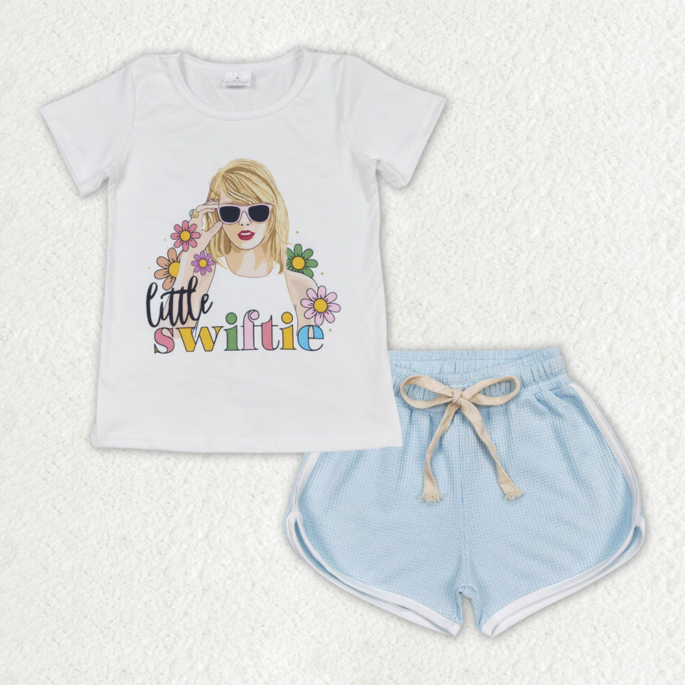 GSSO1338 country Taylor Swiftie flowers short sleeve blue shorts girls set