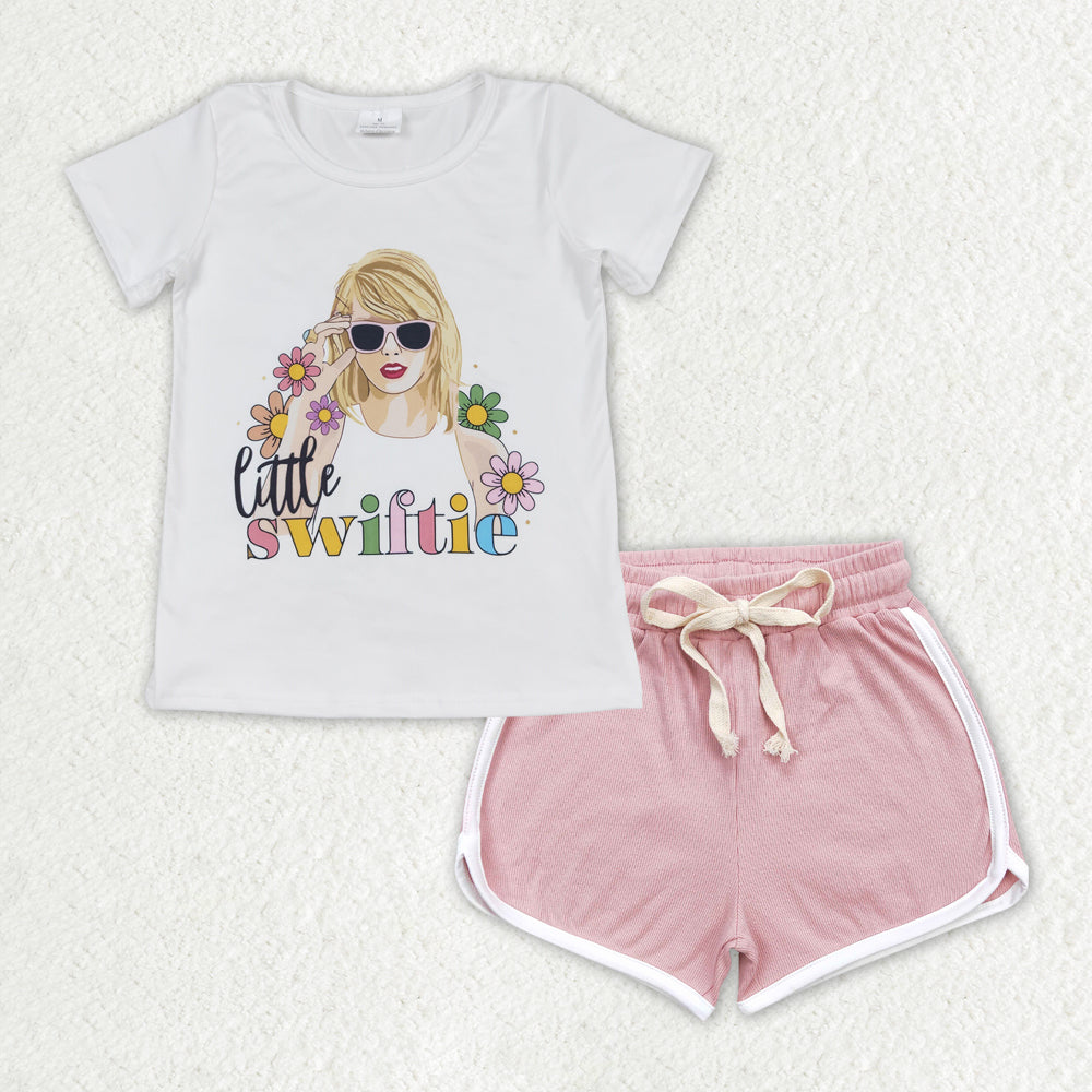 GSSO1338 country Taylor Swiftie flowers short sleeve light pink shorts girls set