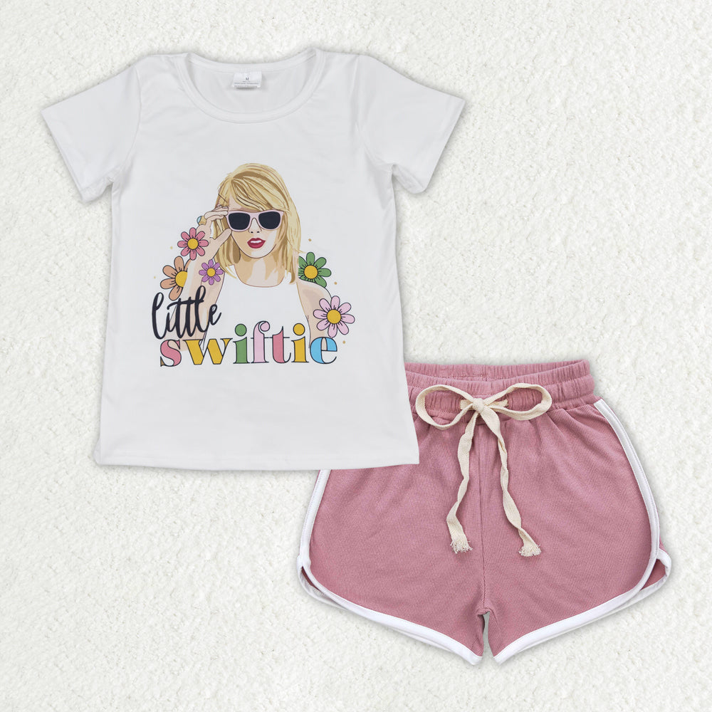 GSSO1340 country Taylor Swiftie flowers short sleeve dark pink shorts girls set