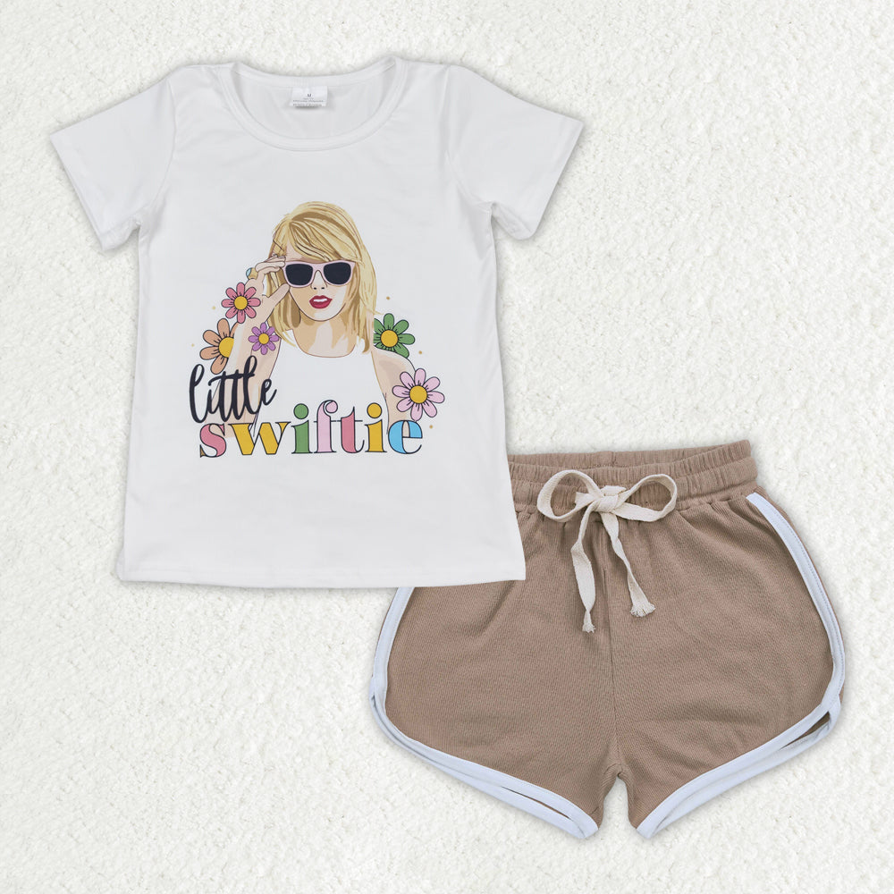 GSSO1341 country Taylor Swiftie flowers short sleeve brown shorts girls set