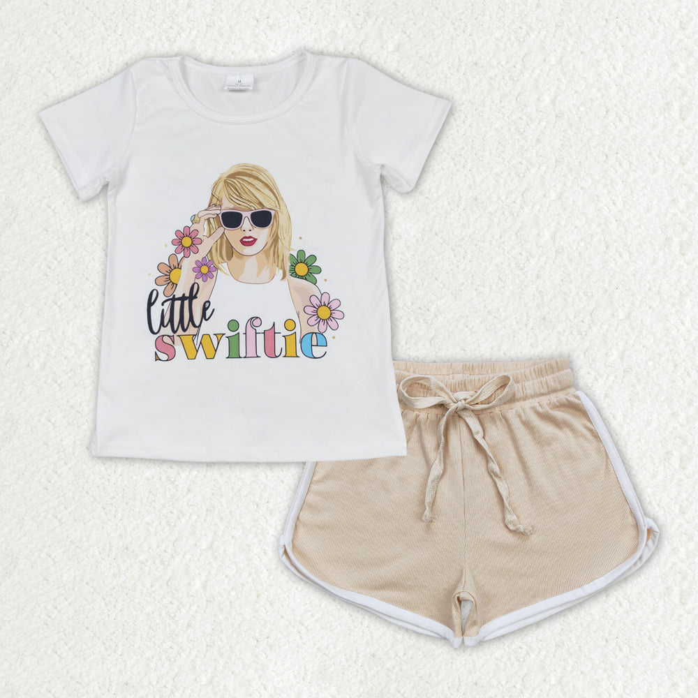 GSSO1342 country Taylor Swiftie flowers short sleeve light khaki shorts girls set