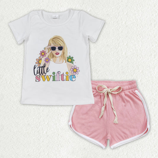 GSSO1343 country Taylor Swiftie flowers short sleeve light pink shorts girls set