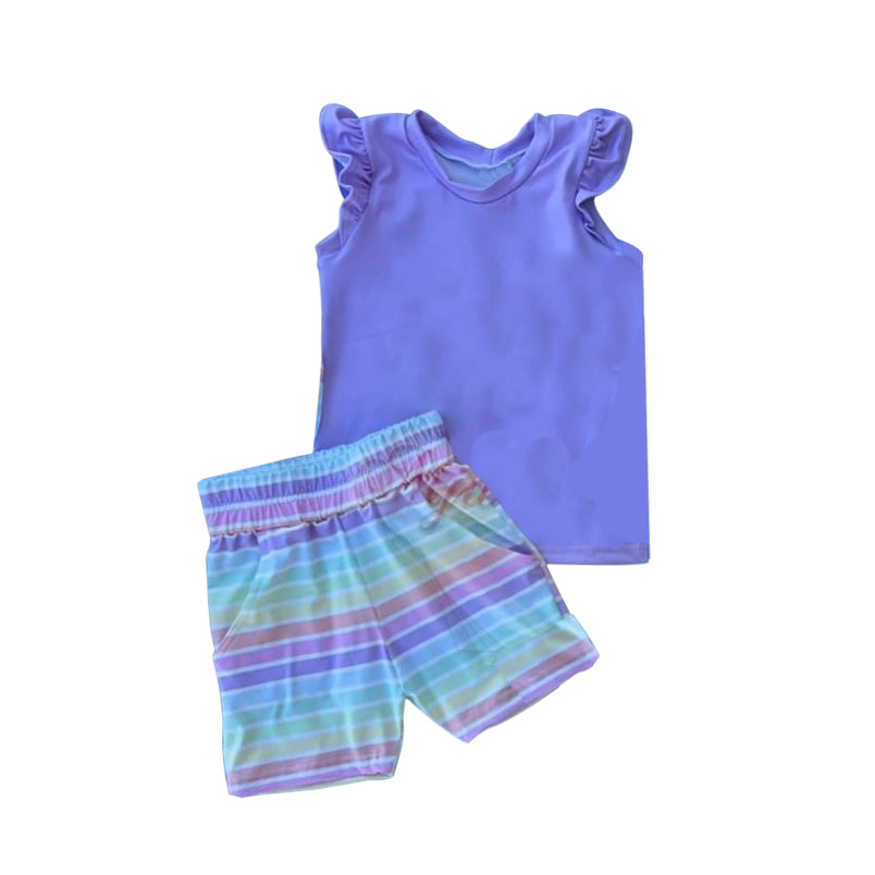 preorder GSSO1354 purple flutter sleeve colorful striped shorts girls set