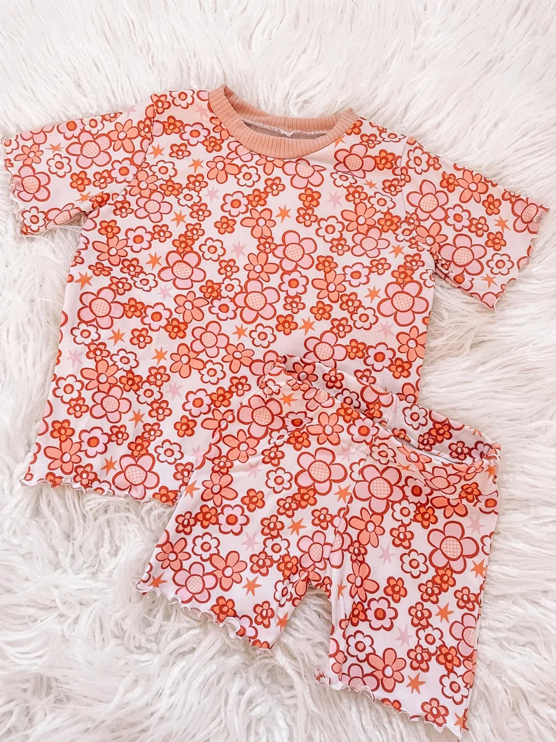 custom moq 3 pink flowers floral short sleeve shorts girls set