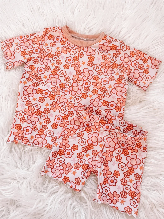 custom moq 3 pink flowers floral short sleeve shorts girls set
