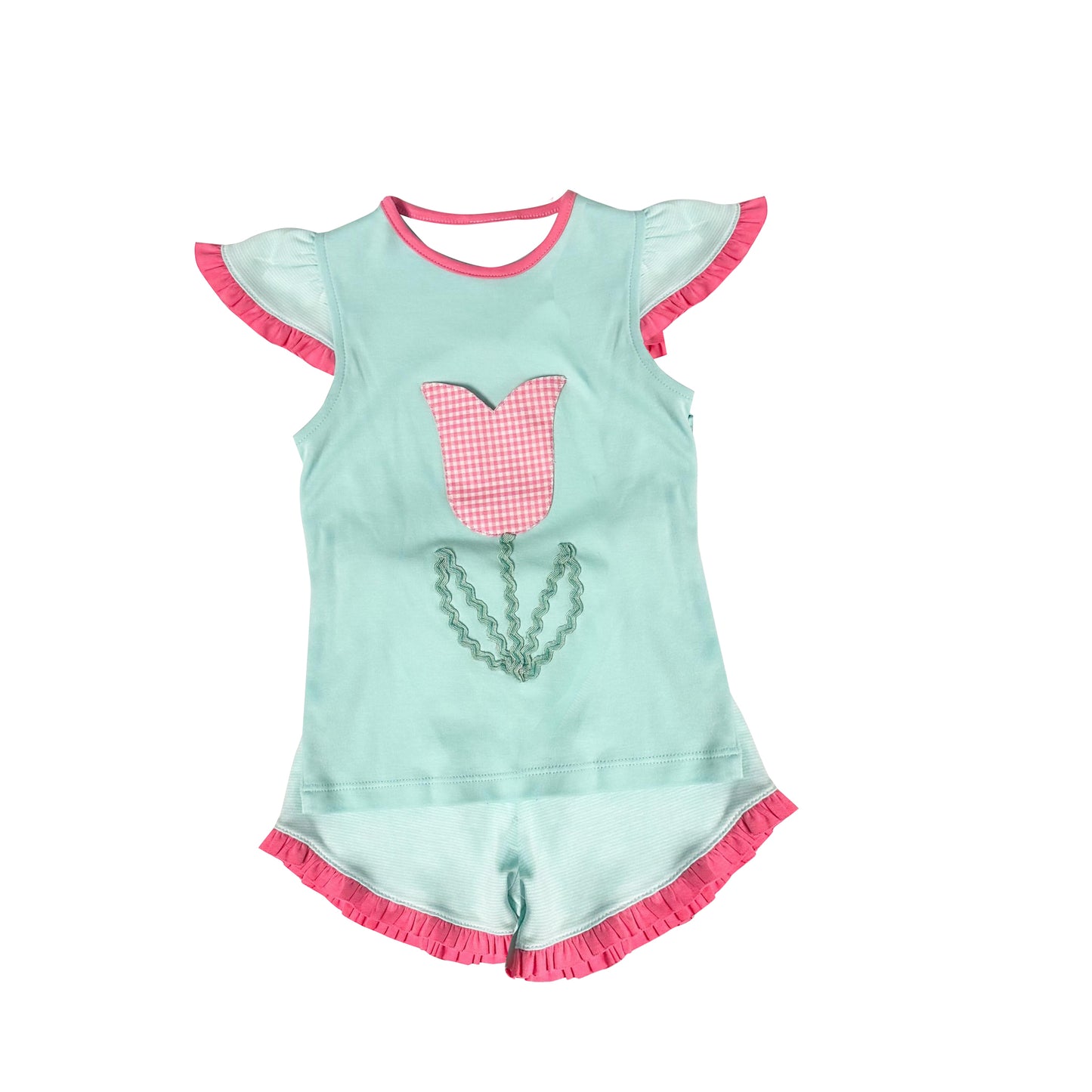 preorder GSSO1367 tulip flowers green flutter sleeve shorts girls set