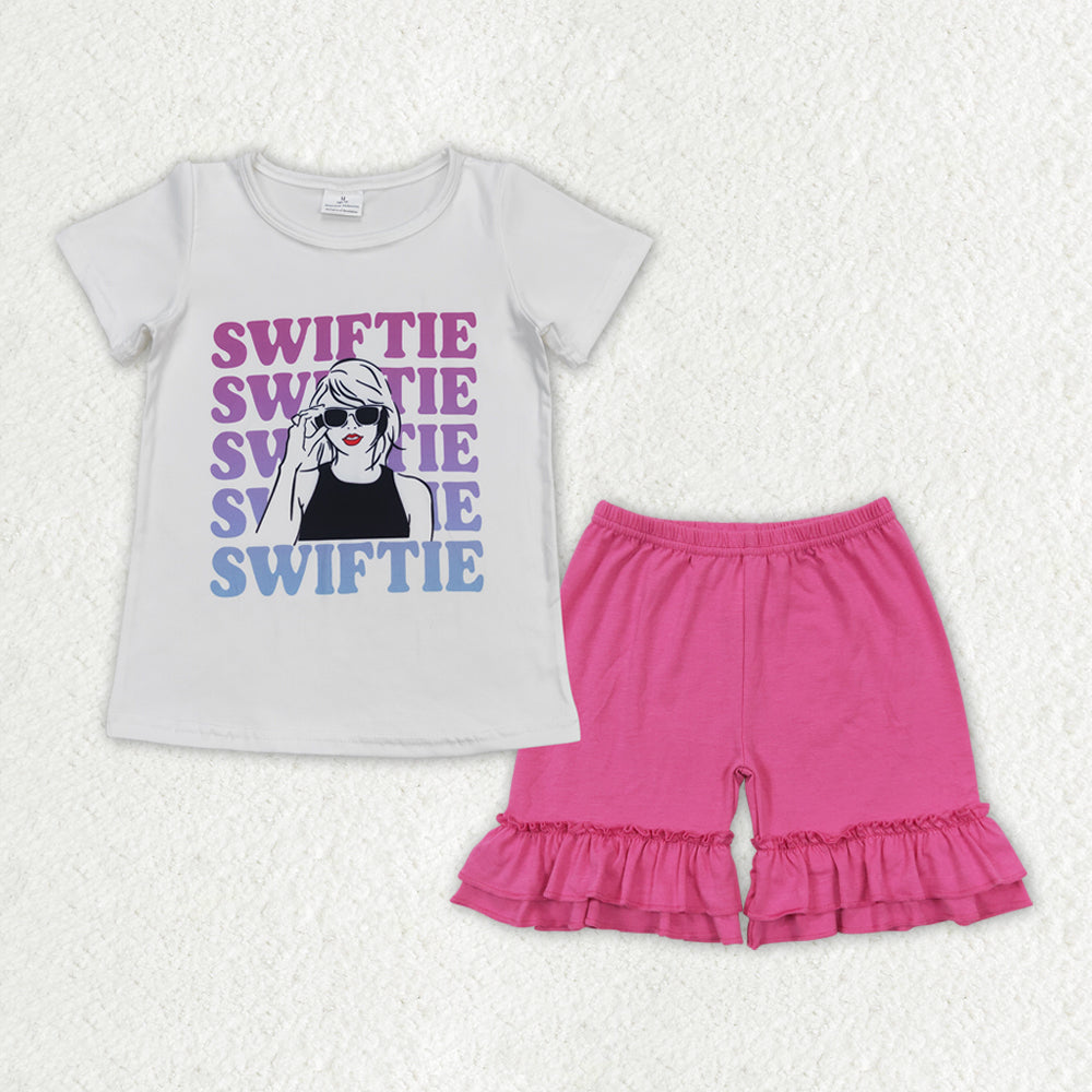 GSSO1383 country singer swiftie short sleeve hot pink ruffles shorts girls set
