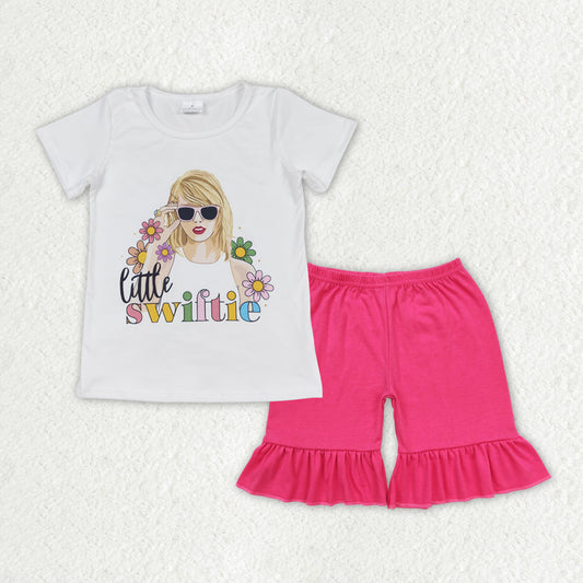 GSSO1386 country singer little swiftie short sleeve hot pink ruffles shorts girls set