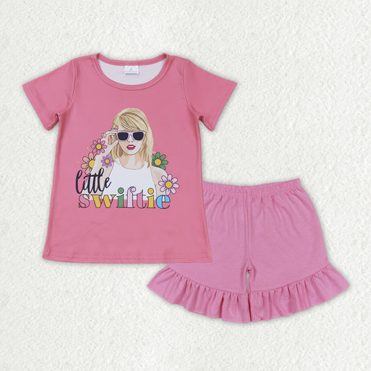 GSSO1387 country singer little swiftie short sleeve pink ruffles shorts girls set