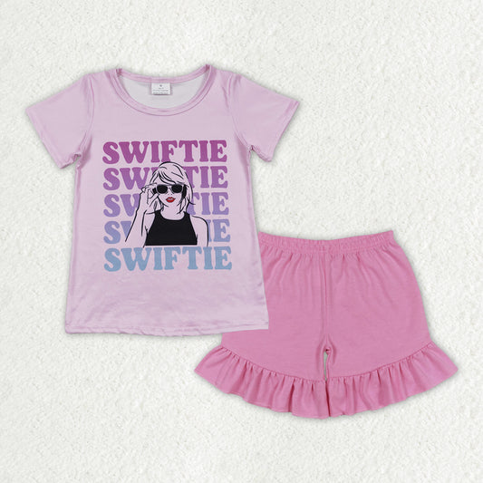 GSSO1388 country singer purple swiftie short sleeve pink ruffles shorts girls set
