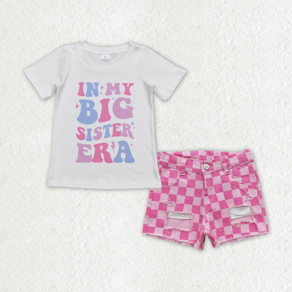 GSSO1408 in my big sister era short sleeve hot pink checkered denim shorts girls set