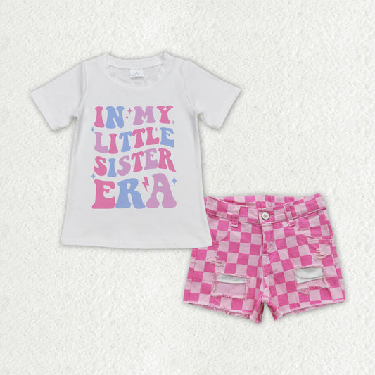 GSSO1409 in my little sister era short sleeve hot pink checkered denim shorts girls set