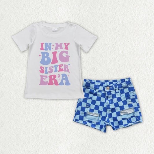 GSSO1410 in my big sister era short sleeve blue checkered denim shorts girls set