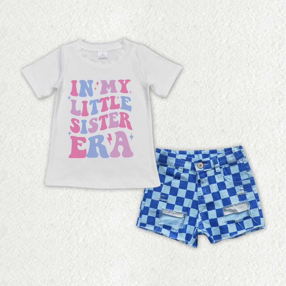 GSSO1411 in my little sister era short sleeve blue checkered denim shorts girls set