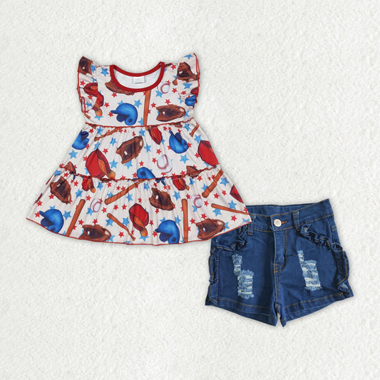 GSSO1412 July 4th glove baseball flutter sleeve blue denim shorts girls set